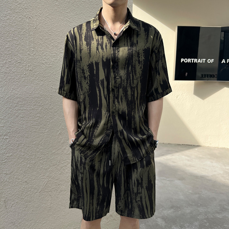 2025夏季短袖短裤斑马条纹衬衫套装TZ9044。可拆卖,男装休闲套装,电商B307