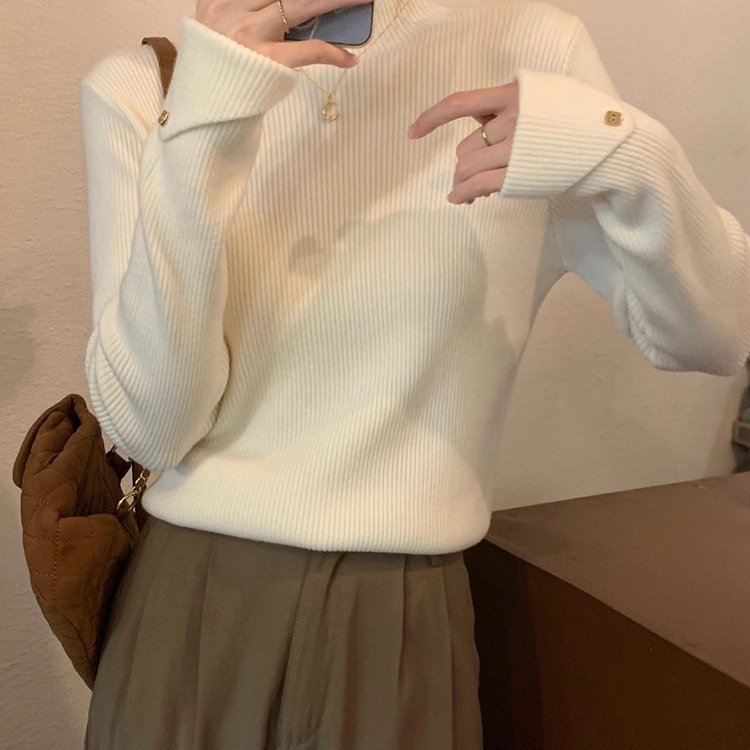 燕麦色半高领针织衫女春秋冬2025新款毛衣保暖内搭打底衫上衣毛衣