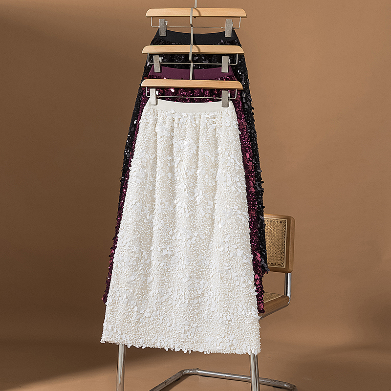 大码秋冬款女装新款韩闪闪亮片设计松紧高级高腰宽松半身裙