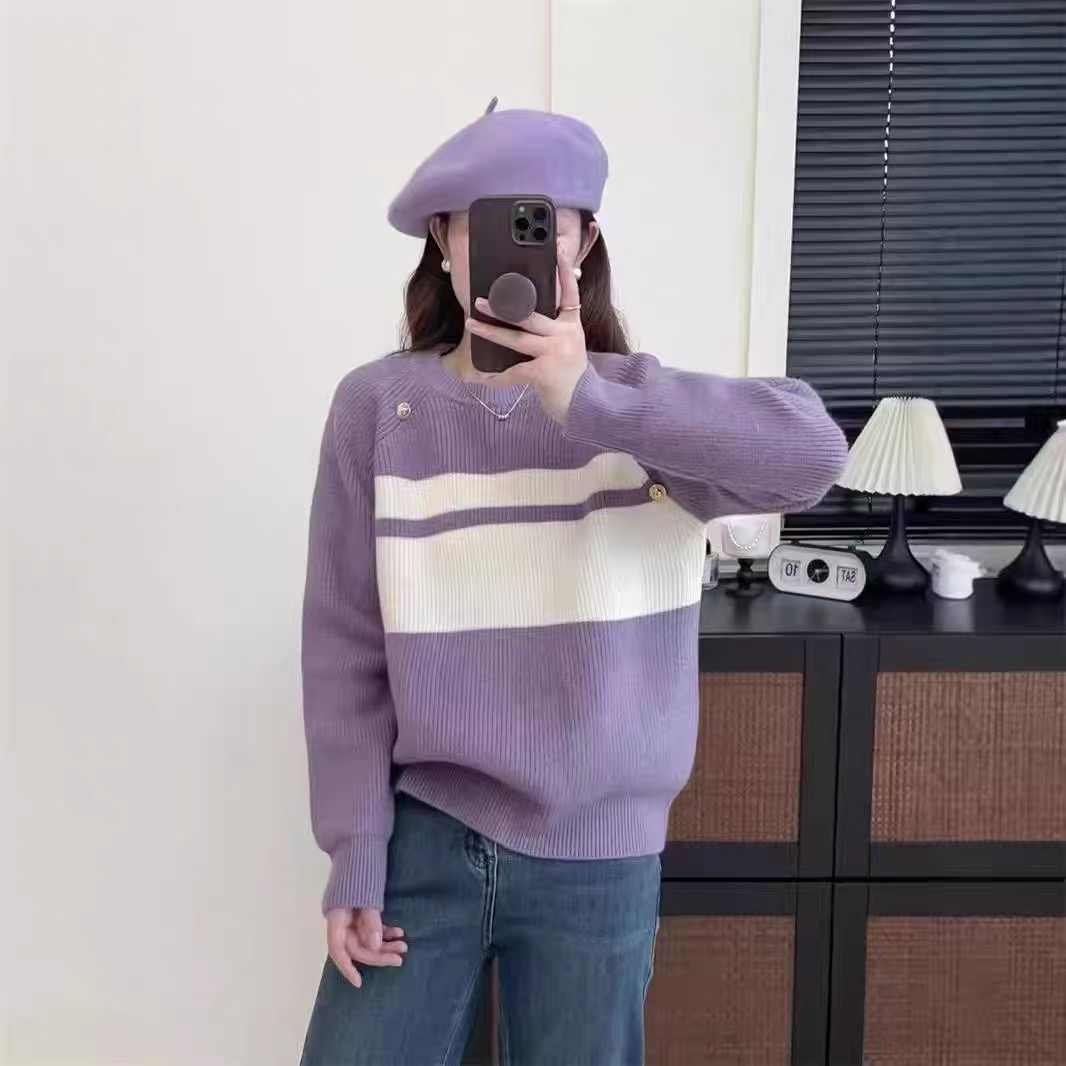 秋冬新款韩版打底衫宽松显瘦圆领拼色针织开衫女毛衣外套上衣