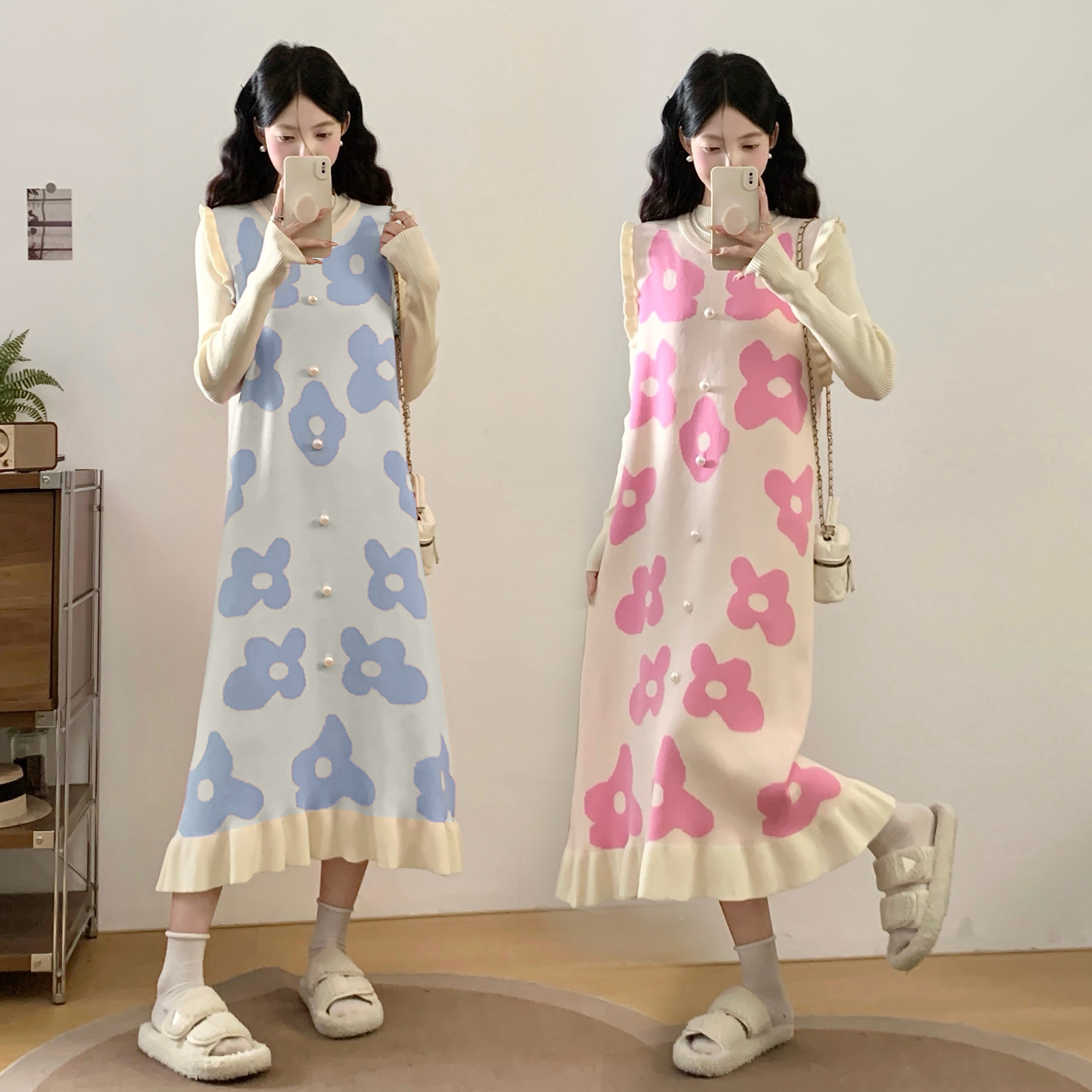 2025秋冬新款无袖圆领木耳边中长款马夹连衣裙针织打底套装