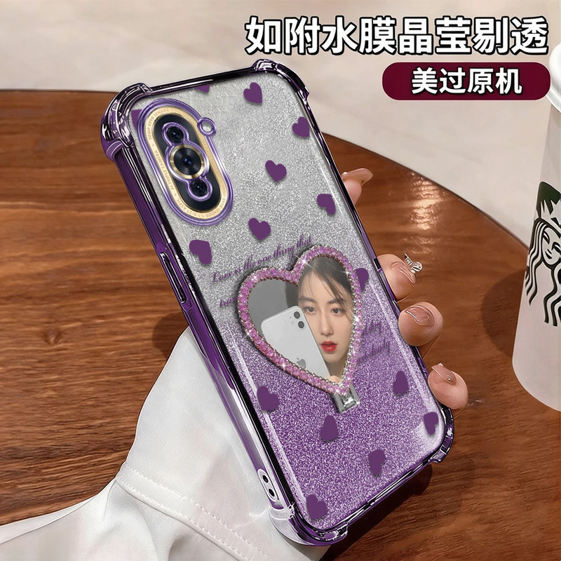 适用华为nova10手机壳爱心英文镜子支架NOVA10PRO电镀四角防摔气囊Nova10高颜值创意硅胶女款保护套