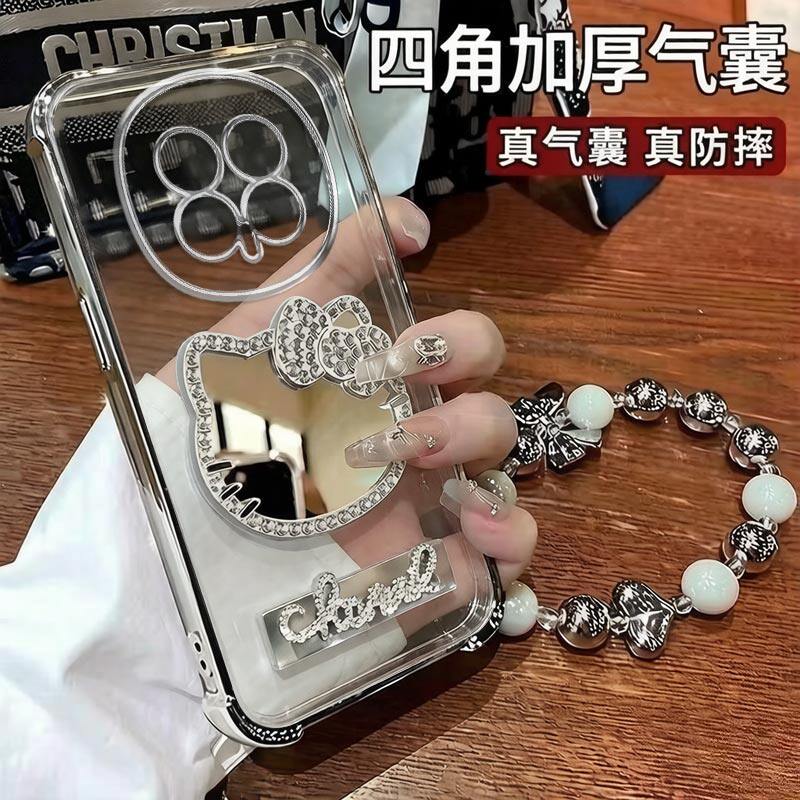 适用华为荣耀Magic8手机壳水钻KT猫镜子Honor电镀四角防摔气囊Maigc8Pro闪钻字母支架保护套