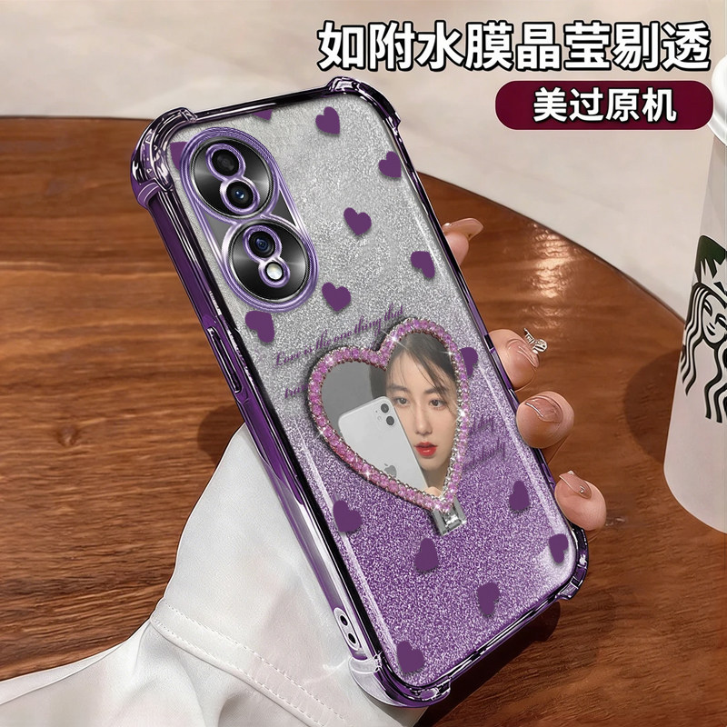 适用华为荣耀70PRO手机壳爱心英文镜子支架Honor70电镀四角防摔气囊荣耀70pro+高颜值创意硅胶女款保护套