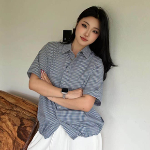 美式正肩格子短袖衬衫夏格纹半袖衬衣复古休闲百搭上衣