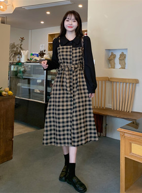 设计感美式连衣裙女春秋新款巨显瘦遮肚子微胖mm假两件格子a字裙