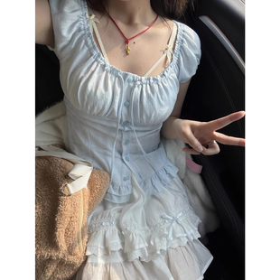 纯欲蓝色方领泡泡袖衬衫女夏季绑带褶皱高级感洋气减龄荷叶边上衣
