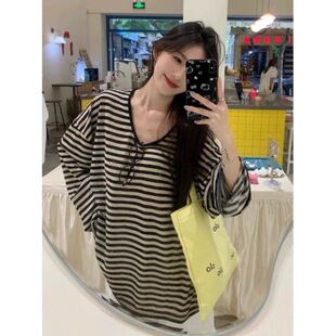 美式复古撞色条纹防晒罩衫女春秋新款休闲慵懒松弛感长袖T恤上衣