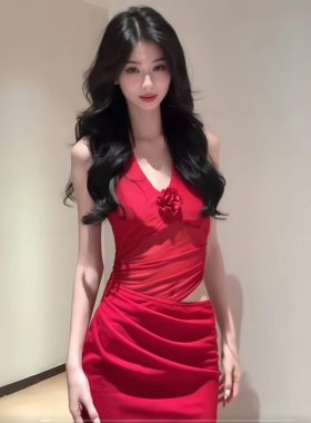 名媛气质红色网纱挂脖连衣裙女海边度假裙子夏季性感辣妹v领长裙