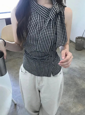 黑色格子衬衫女款小个子夏季新款韩系修身显瘦上衣无袖