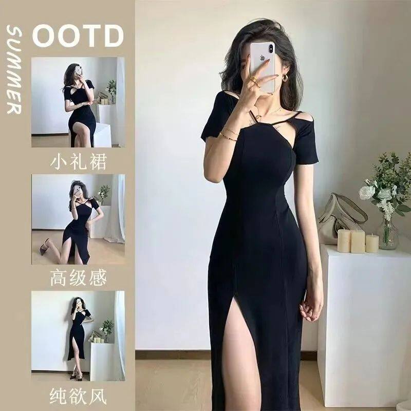 小众设计感镂空性感露肩礼服小黑裙夏新款高端开叉别致短袖连衣裙