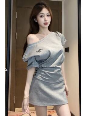 J0036#官图夏季运动服套装女休闲韩系宽松短袖短裙两件套