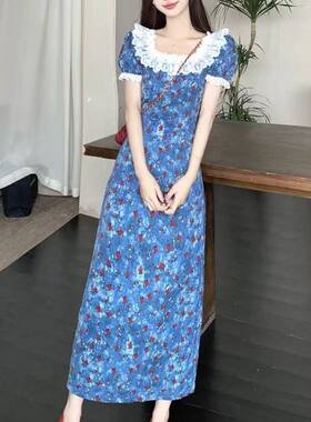 法式高级感蓝色碎花连衣裙子女装2026夏季新款小个子独特漂亮长裙