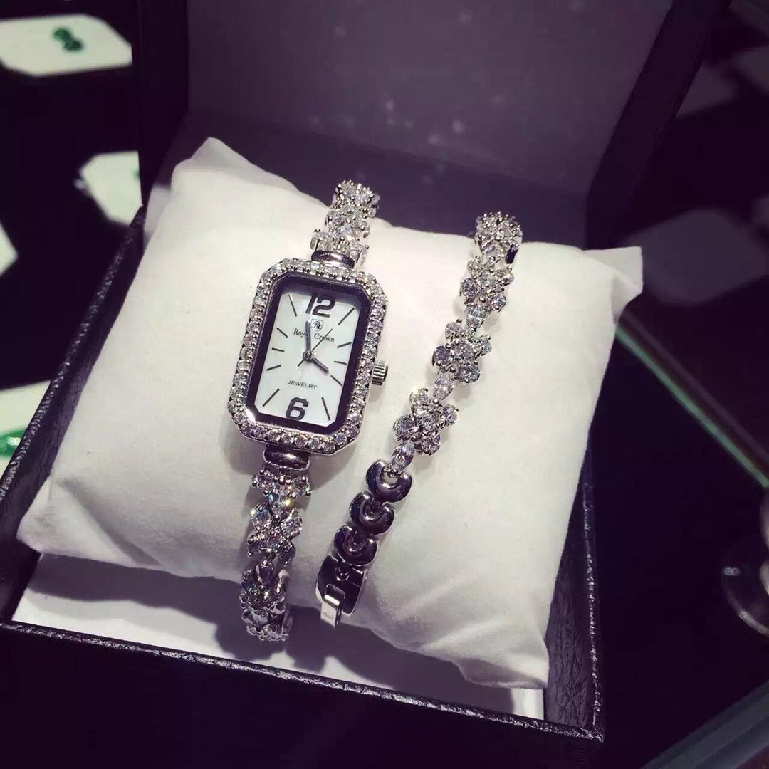 正品手表女時尚方表盤水鉆鋯石雙圈鏈條石英防水女表生日禮物潮流