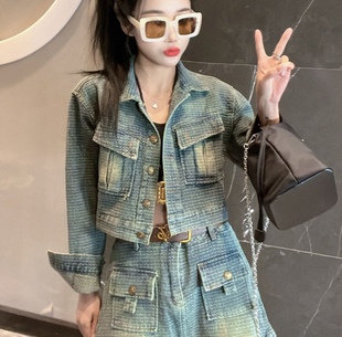 娜格调欧货洋气3D图案牛仔套装 2025春秋短款长袖牛仔外套+裤衩裙