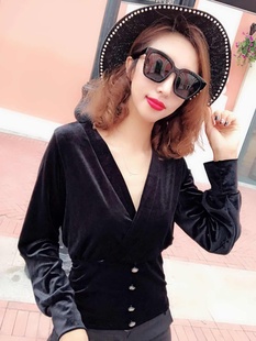 2020春季 V领气质衬衫 新款 韩版 欧洲站显瘦小弹力长袖 丝绒套头小衫