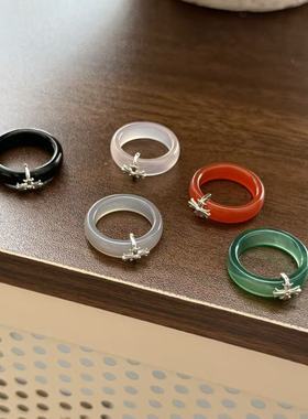 新款时尚天然石素圈克罗十字架戒指女博主同款简约潮流食指指环女