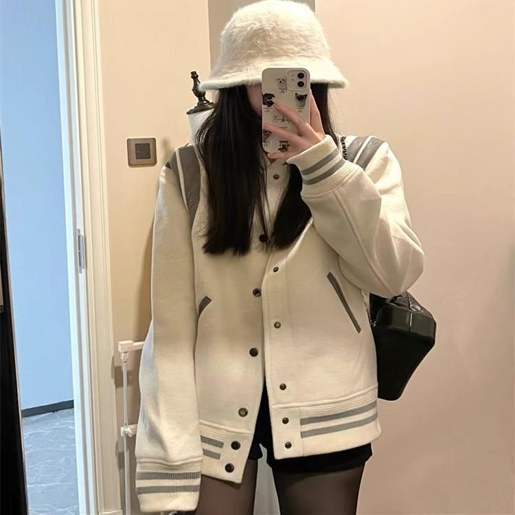 小香风白色棒球服外套女2025春秋新款美式学院风休闲宽松夹克上衣