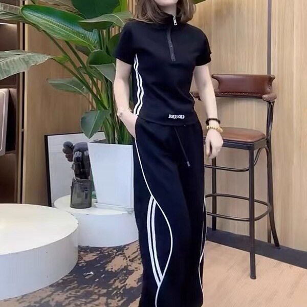 短袖休闲运动服套装女夏2025新款韩洋气显瘦半袖直筒阔腿裤两件套