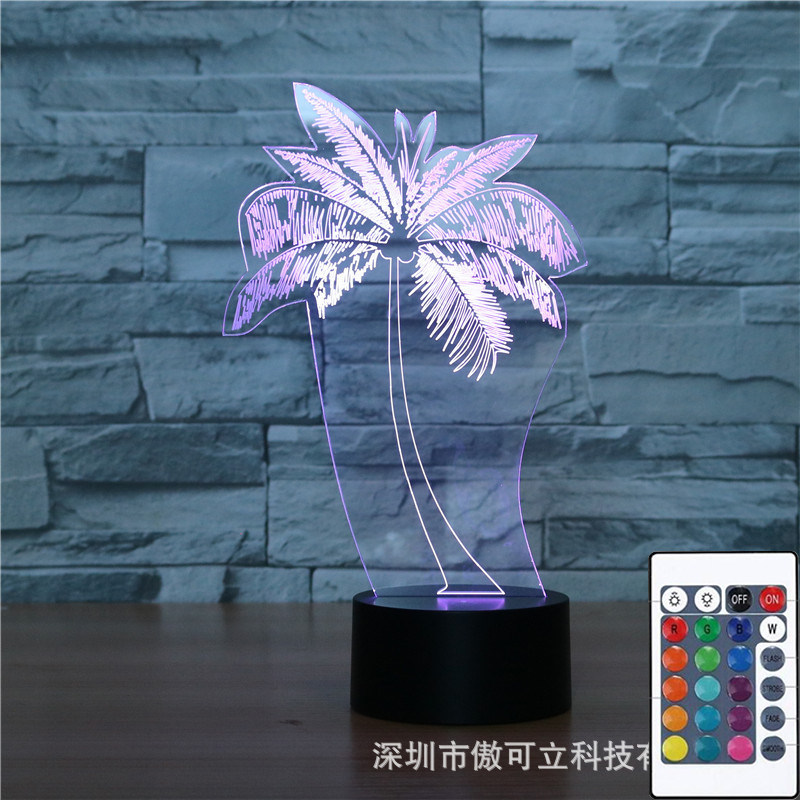 椰子树七彩渐变3d灯桌面床头灯 16色遥控充电led摆摊椰子水氛围灯