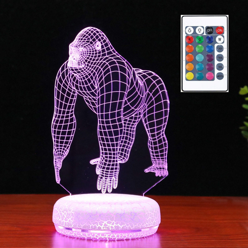 儿童卧室充电小夜灯 大猩猩遥控3D灯 裂纹触控七彩氛围床头灯LED