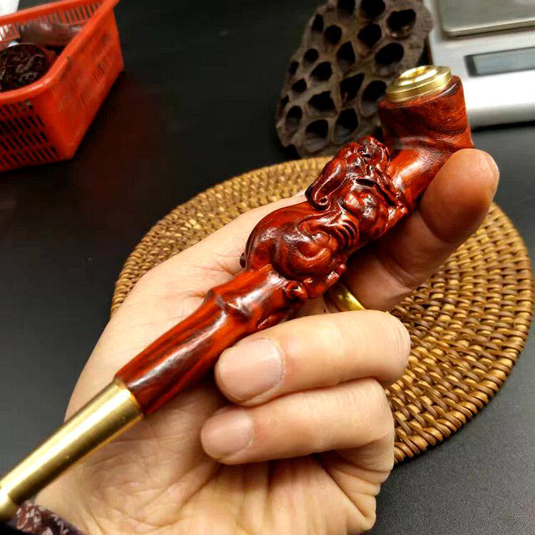 精品小叶紫檀烟擀 15*2.35CM招财貔貅烟斗 精雕工艺精细打磨木雕