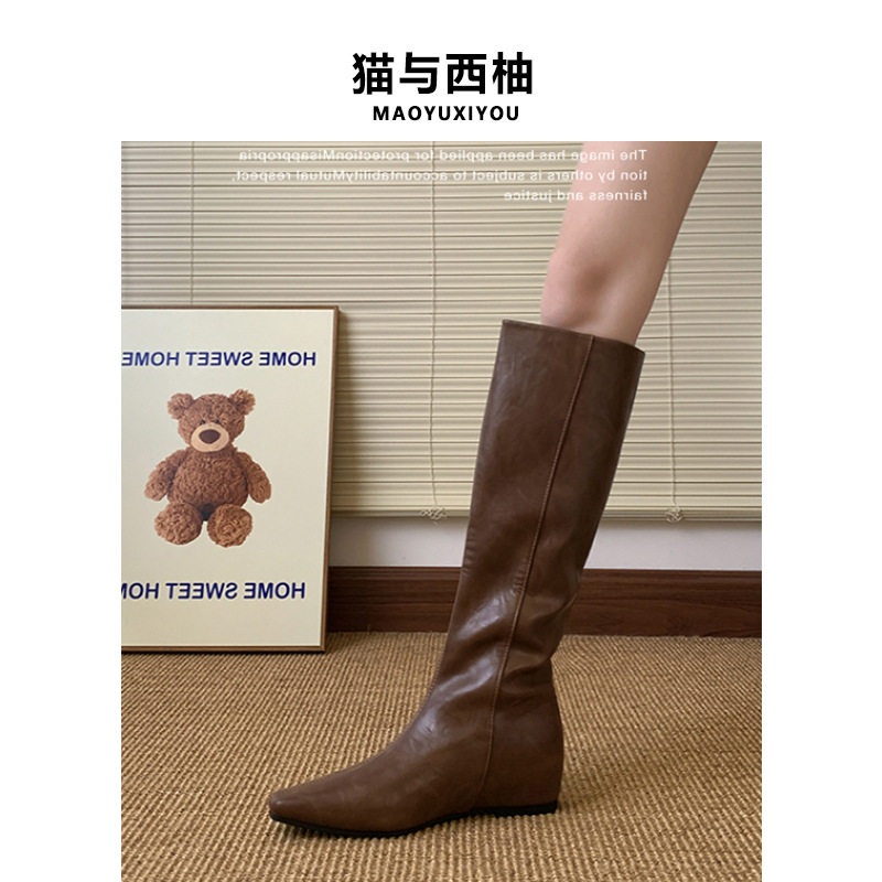 羊皮版~真皮小个子5cm内增高长靴女2026新款方头高筒骑士靴直筒靴,女鞋,时装靴,淘宝优惠券,粉丝福利购,淘宝优惠卷