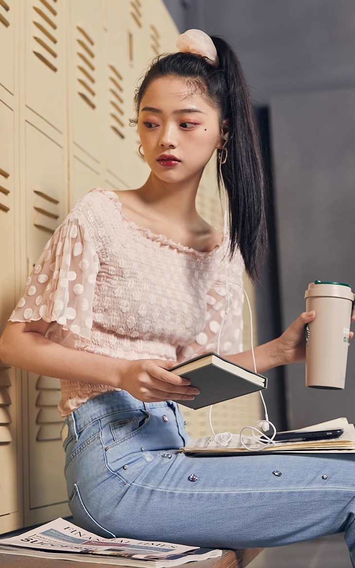 奥莱清仓夏季甜美风波点一字肩可爱百搭雪纺衬衫上衣女