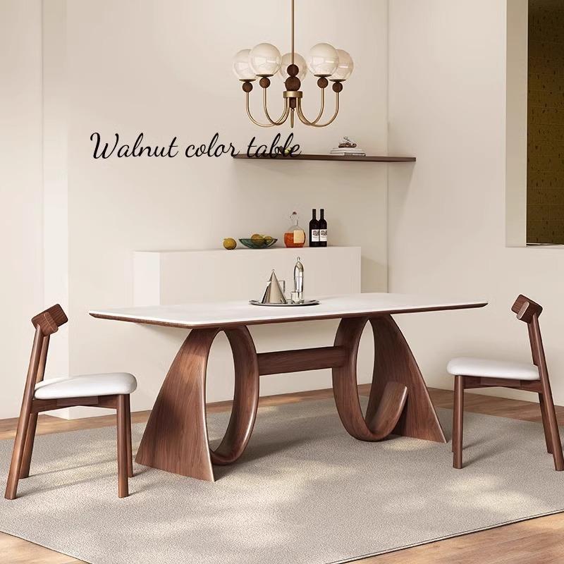 中古风白蜡木实木岩板餐桌胡桃色法式奶油风简约家用小户型饭桌子