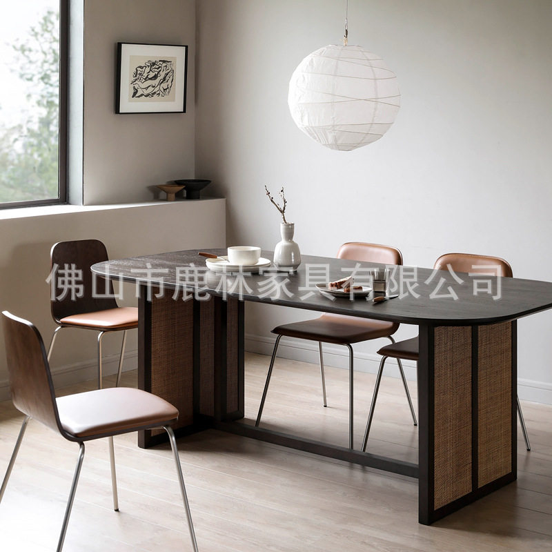 侘寂风实木餐桌小户型复古风藤编饭桌家用创意餐厅酒店长方形桌子,住宅家具,岩板餐桌,淘宝优惠券,粉丝福利购,淘宝优惠卷