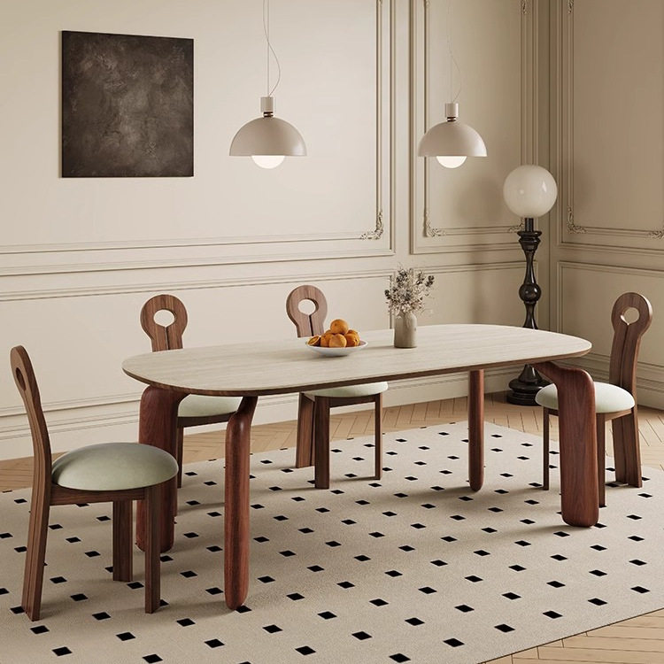 中古风长方形家用小户型饭桌组合岩板圆桌实木餐桌椅子一套高级感,住宅家具,岩板餐桌,淘宝优惠券,粉丝福利购,淘宝优惠卷