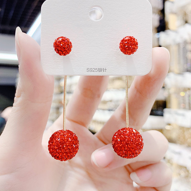 BF长款满钻红色球球耳环2025年新款潮显脸瘦的耳坠气质百搭网红耳
