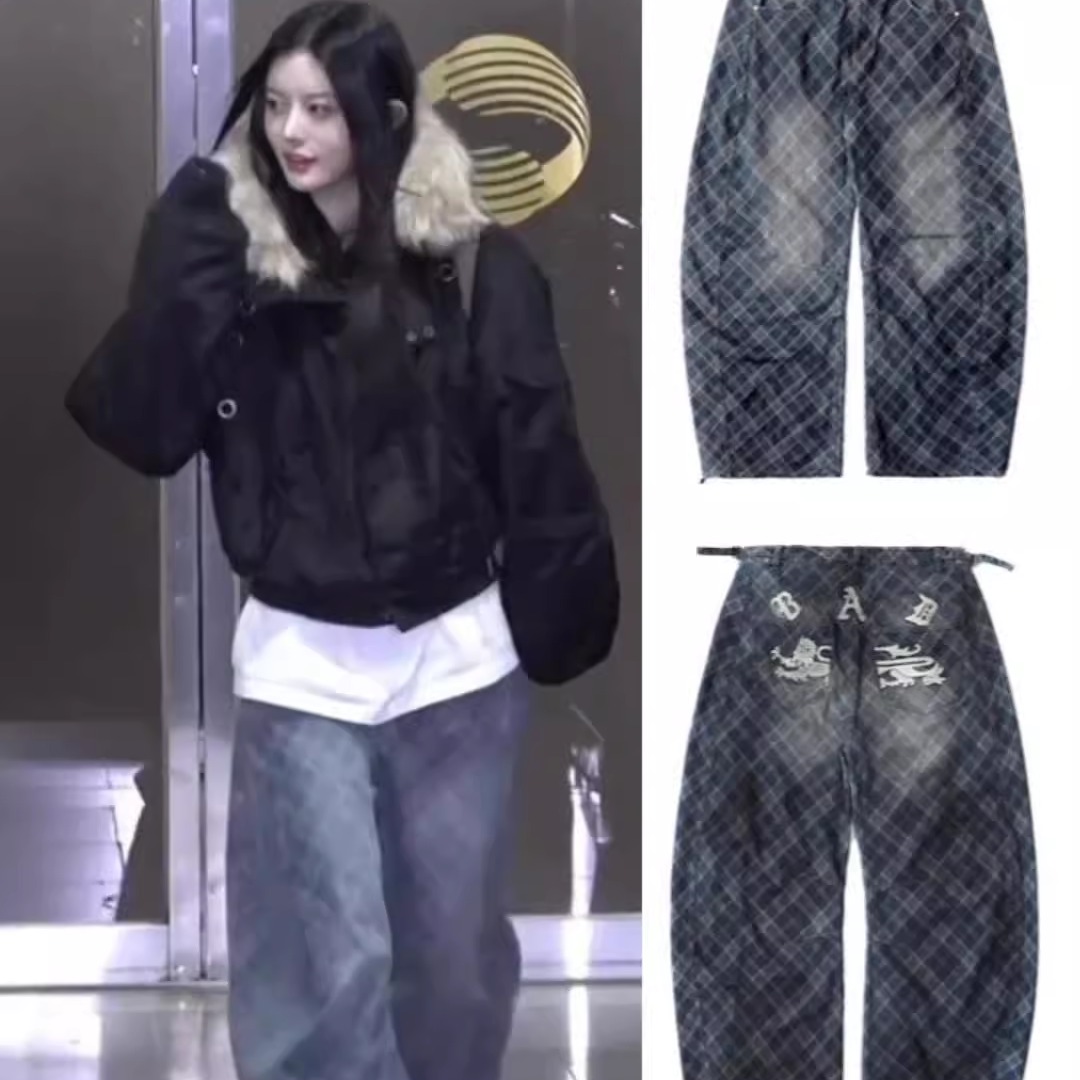 minju同款badblood复古街头蓝色格纹弯刀阔腿裤辣妹宽松牛仔裤潮