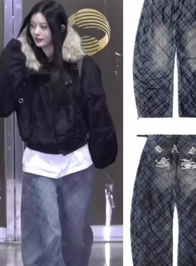 minju同款badblood复古街头蓝色格纹弯刀阔腿裤辣妹宽松牛仔裤潮