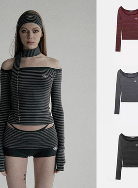 韩国badblood辣妹长袖t恤女高弹软糯条纹性感一字肩长袖修身上衣