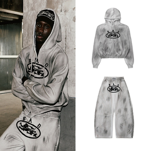 韩国badblood美式 男女外套 复古街头扎染连帽字母卫衣休闲运动套装