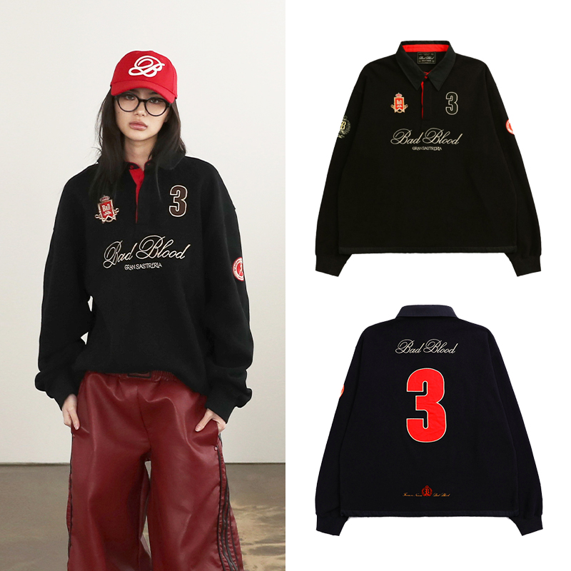 韩国badblood美式复古polo领卫衣