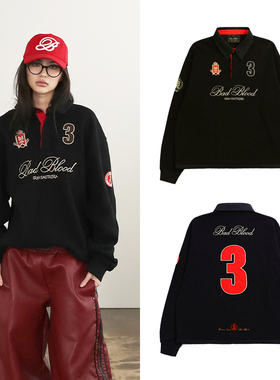 韩国badblood美式复古街头刺绣翻领卫衣宽松休闲运动polo领上衣女