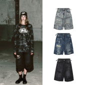 街头宽松直筒休闲七分裤 韩国badblood美式 复古做旧水洗破洞牛仔裤