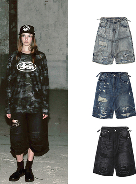 韩国badblood美式复古做旧水洗破洞牛仔裤街头宽松直筒休闲七分裤