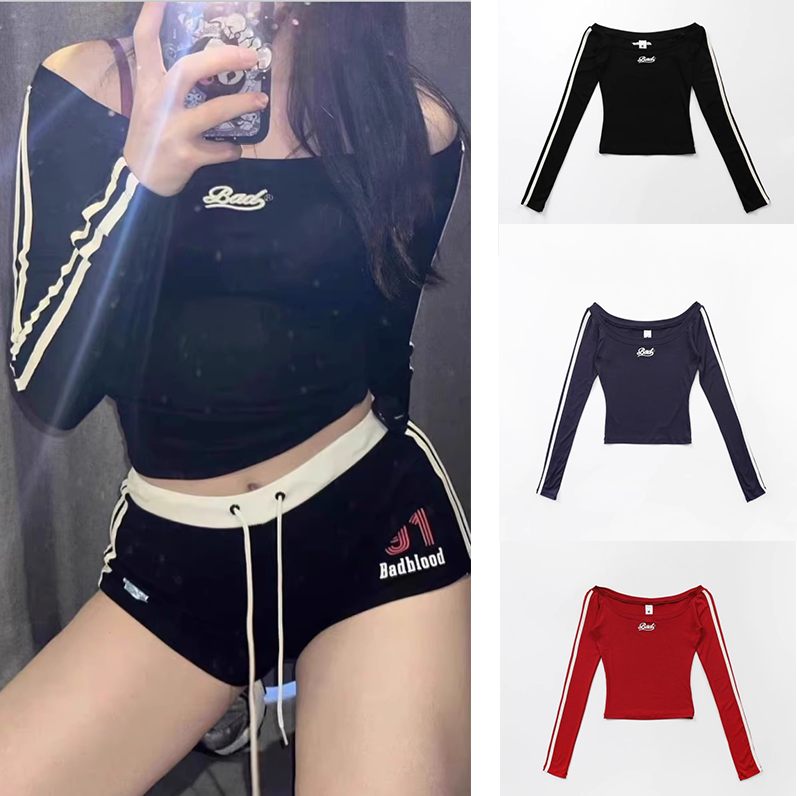 韩国Badblood一字肩长袖T恤女早秋新款美式热辣露背修身内搭上衣