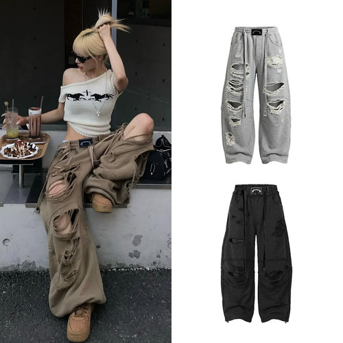 美式破洞抽绳工装阔腿卫裤男女