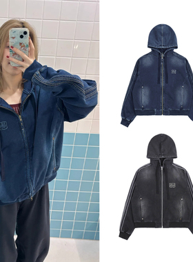 韩国badblood美式复古做旧水洗牛仔外套字母刺绣连帽拉链卫衣套装