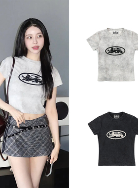 韩国 badblood辣妹复古T恤女夏季新款水洗做旧刺绣设计感短款上衣