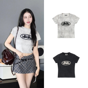 水洗做旧刺绣设计感短款 新款 上衣 badblood辣妹复古T恤女夏季 韩国