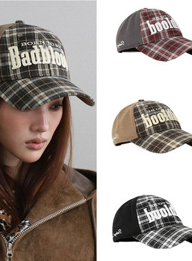 badblood韩国美式复古红色格子棒球帽休闲运动辣妹风鸭舌帽显脸小
