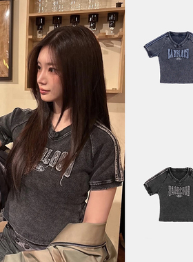 韩国badblood美式辣妹牛仔短款T恤女刺绣小众复古设计感露脐上衣