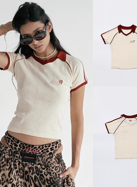 韩国badblood新韩女夏季穿搭球衣风修身显瘦撞色刺绣拼接翻领上衣