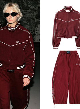 韩国badblood美式复古早秋运动风短款夹克外套宽松休闲弯刀裤套装