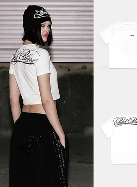 韩国badblood复古辣妹正肩短款T恤女美式休闲字母刺绣情侣上衣潮